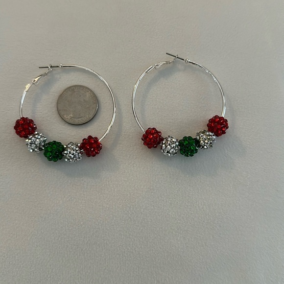 Rhinestone Christmas Holiday Hoop Earrings Large Silver in color - Picture 1 of 1